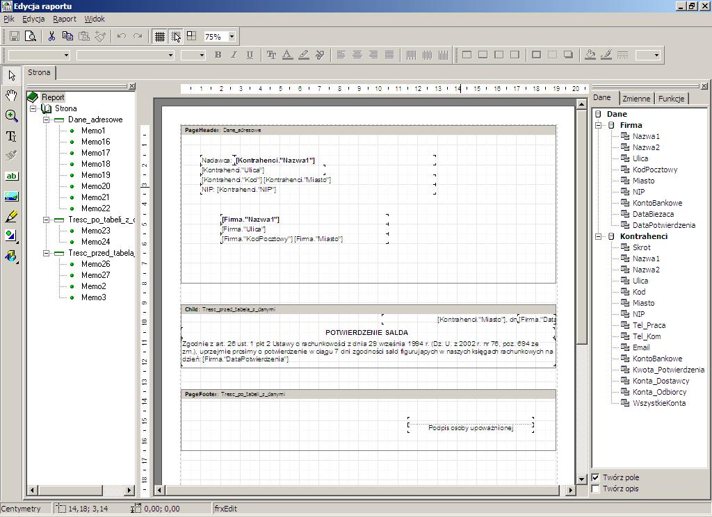 Ekran edycji szablonu dokumentu: Dostępne komponenty. Spis ramek i ich elementów definiowanego wydruku.