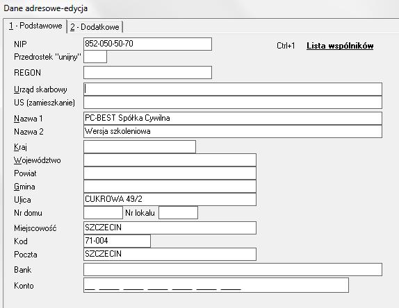 12.7 Dane adresowe Miejsce programu przeznaczone na wprowadzenie informacji o użytkowniku. Nazwa firmy i NIP jest na sztywno wpisana do systemu i nie podlega edycji!