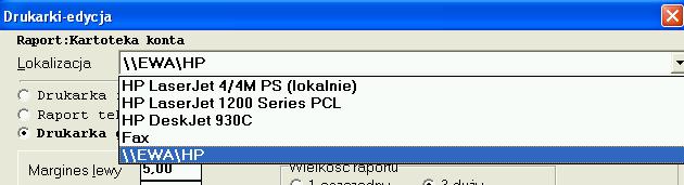 Lokalizacja - tu wybieramy drukarkę dla tego raportu. Pokażą nam się wszystkie dostępne drukarki. Jeżeli lista będzie pusta, oznacza to że nie zainstalowano żadnej drukarki w systemie Windows.