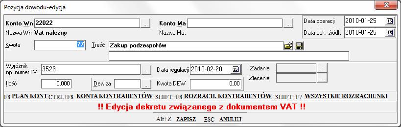 v. W takich pozycjach możemy pojedynczo zmienić jedynie treść operacji a pełna edycja jest możliwa wyłącznie poprzez poprawę całej faktury (Alt+Enter).