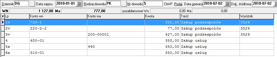 3.1.5 Przegląd księgowanego dokumentu Dekrety, które powstały podczas wprowadzania dokumentów VAT są oznaczone literką v.