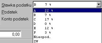 Stawka podatku wybieramy stawkę przypisaną do tej pozycji w jeden z następujących sposobów: Przyciskamy w tym miejscu myszką, rozwinie nam się menu dostępnych opcji Wystarczy też (bez rozwijania