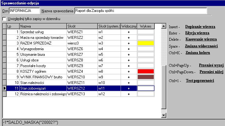 wiersz10-wiersz11 Łatwo się przekonać, że dla naszego przykładu identyczny wynik da następujący zapis: SALDO_ODDO("201","209") Należy starannie używać funkcji zawierających argumenty OD-DO.