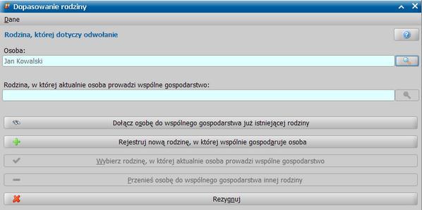 Za pomocą ikon Przeglądaj dane i Przynależność do rodzin możemy przeglądać szczegółowe dane wyszukanej osoby oraz sprawdzić jej okresy przynależności do rodzin.