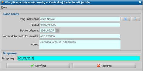 Weryfikacja tożsamości osoby w Centralnej Bazie Beneficjentów Aby zweryfikować tożsamość wybranej osoby, w teczce rodziny, do której ta osoba należy, wybieramy w menu Weryfikacja pozycję Weryfikacja