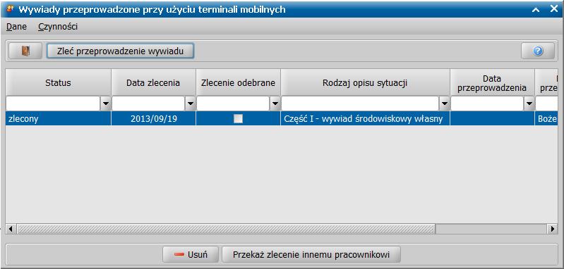 Pojawi się okno "Wywiady przeprowadzone przy użyciu terminali mobilnych", które zawiera wszystkie zlecone lub przeprowadzone wywiady z rodzinami lub z osobami z art.