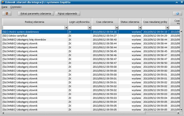 Aby sprawdzić, co zostało zapisane w tym dzienniku zdarzeń, z głównego okna systemu wybieramy menu: Administracja>Emp@tia>Dziennik zdarzeń dla integracji z systemem Emp@tia.