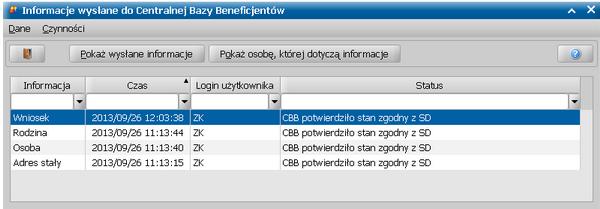 Znaczenie poszczególnych statusów informacji: Wymaga utworzenia w CBB oznacza, że informacja o rejestracji nowej osoby, rodziny lub sprawy oczekuje na wysłanie do CBB.