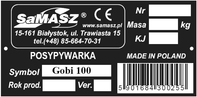 rok produkcji, F. masę maszyny, G. znak kontroli jakości, H. znak CE oznacza, że wyrób spełnia wymogi Dyrektywy 2006/42/WE i norm zharmonizowanych, I. kraj produkcji, J. kod kreskowy.