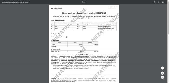 8. EKRAN 7 tu wyświetli się podsumowanie osiąganych dochodów w rodzinie wraz z dochodem w przeliczeniu na jednego członka rodziny. 9. EKRAN 8 tutaj możesz zobaczyć podgląd wydruku.
