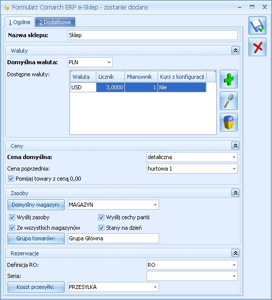 2.1.1 Zakładka Ogólne Na zakładce Ogólne należy uzupełnić pola: Nazwa sklepu należy podać nazwę Comarch ERP e-sklep Waluty Domyślna waluta waluta, w jakiej będą prezentowane ceny w Comarch ERP