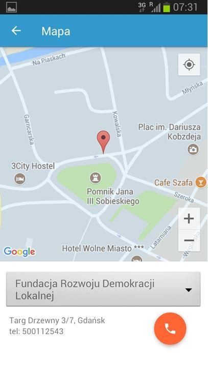 Zakładka Mapa Po uruchomieniu aplikacji na dolnej listwie zobaczysz zakładkę Mapa. Klikając ją zobaczysz mapę z lokalizacja ośrodka FRDL, adres oraz bezpośredni kontakt do biura.