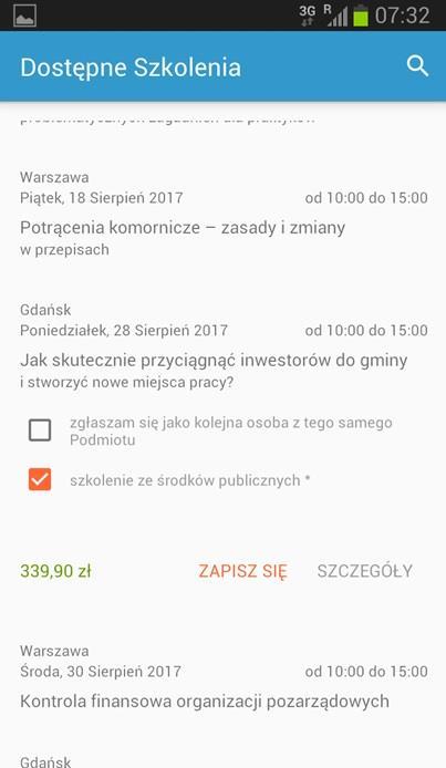 Zakładka Zapis na szkolenie W oknie zapisu widzisz: - cenę szkolenia, - możliwość sprawdzenia szczegółów szkolenia na stronie www, - przycisk zapisu na szkolenie.