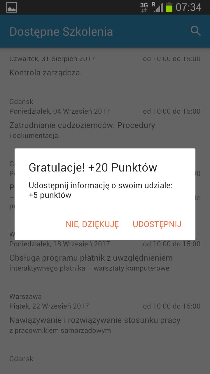 Zakładka Zapis na szkolenie Zapisz się Po wybraniu zapisz się pojawi się okno z propozycja zdobycia punktów za polecenie szkolenia znajomym.