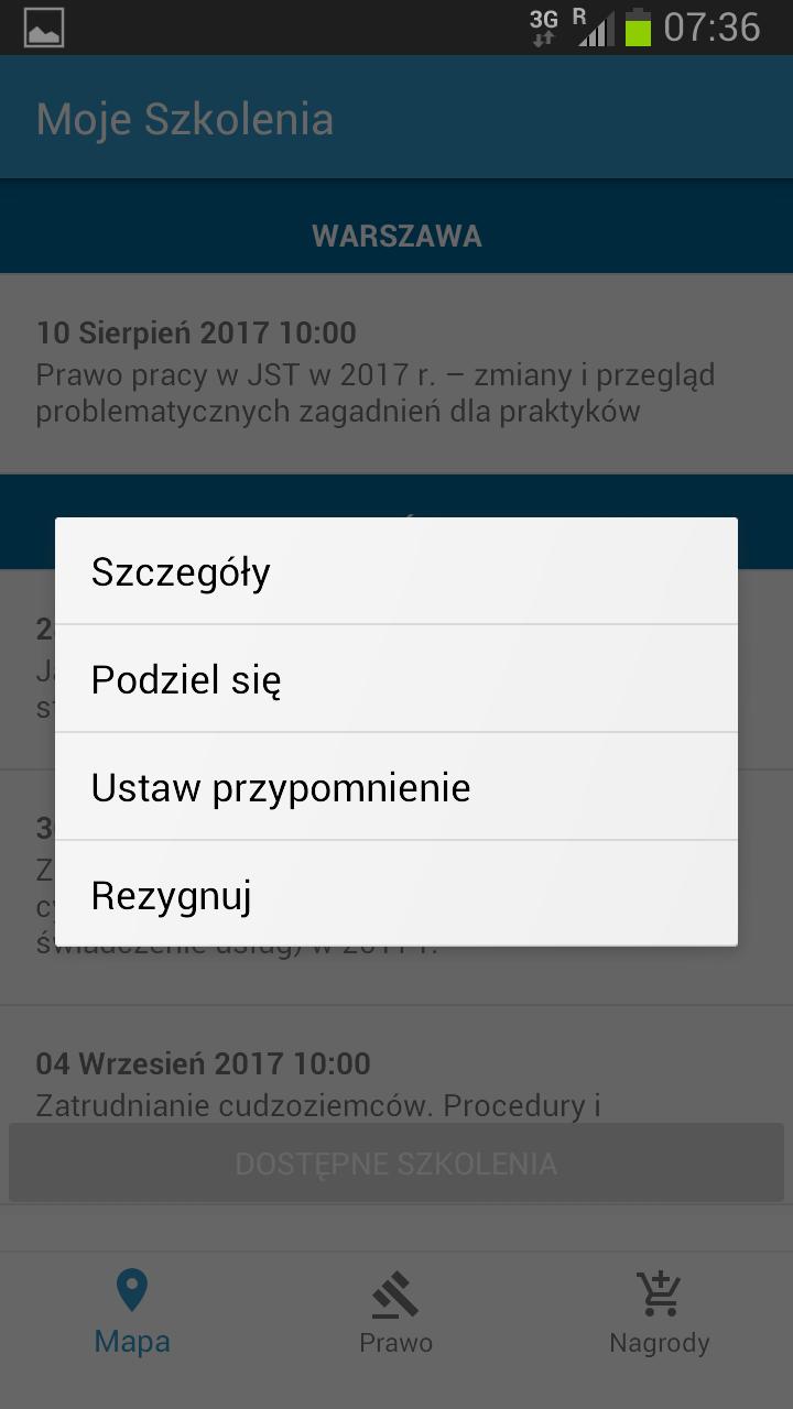 Zakładka Moje szkolenia Dotykając wybrane szkolenie na liście pojawia się okno dialogowe, które umożliwia: - sprawdzenie szczegółów szkolenia na stronie internetowej przekierowanie, -