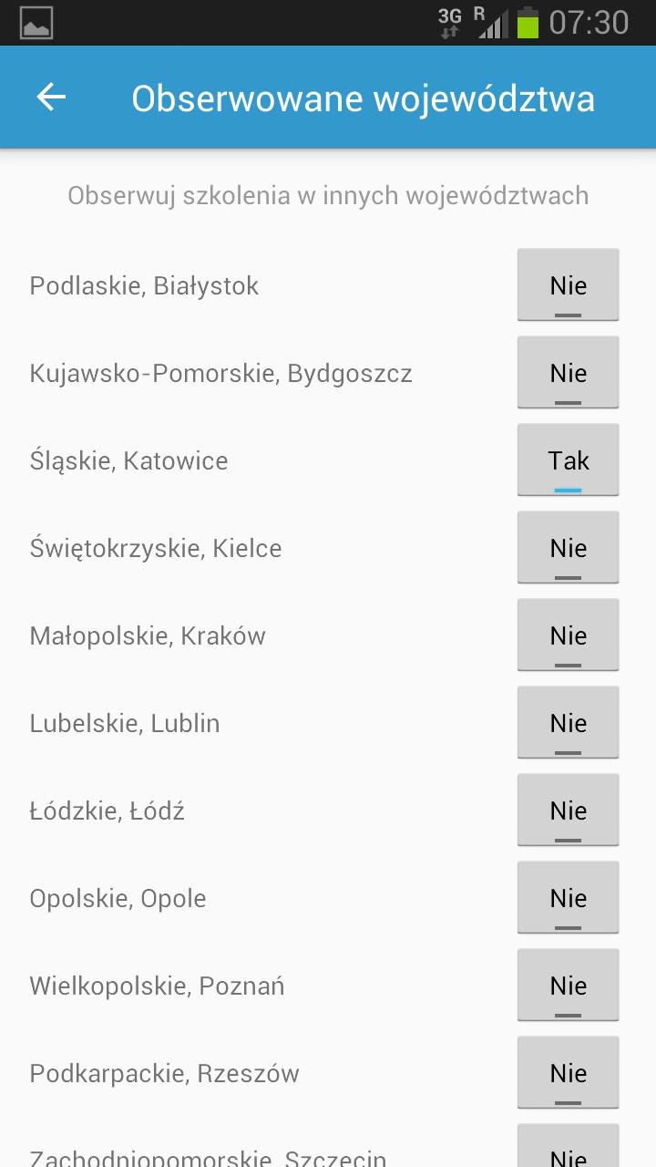 Zakładka Obserwowane województwa W zakładce możesz wybrać województwa, które będziesz obserwował i otrzymywał informacje o szkoleniach na ich terenie.