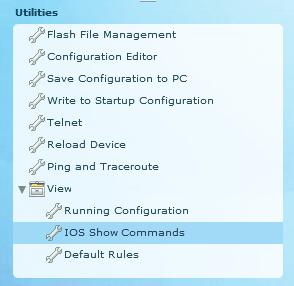 Krok 3. Użycie narzędzia View utility do pokazania aktualnej konfiguracji routera. a. W panelu narzędziowym (Utilities), kliknij na View > IOS Show Commands aby wyświetlić ekran IOS Show Commands w prawym panelu.