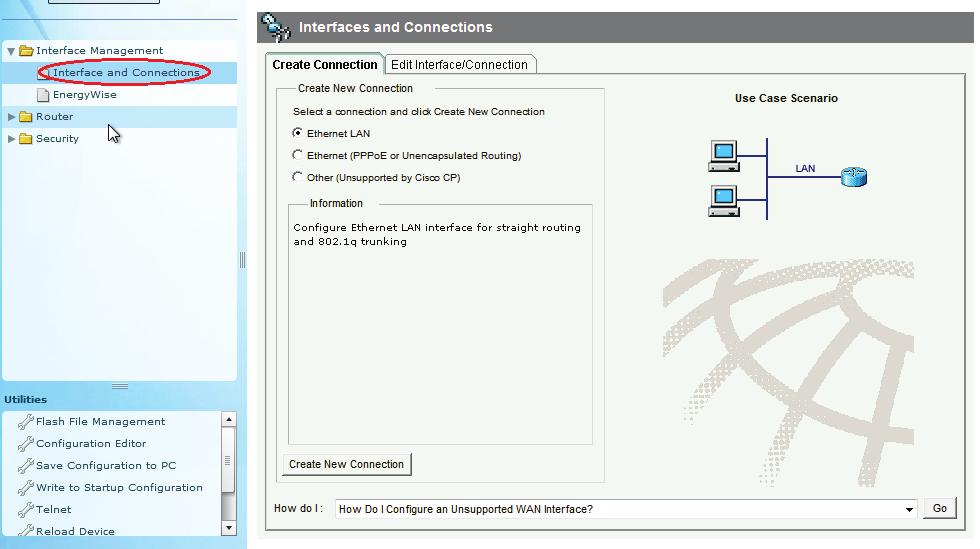 b. W panelu nawigacyjnym z lewej strony naciśnij Interface Management > Interface and Connections aby wyświetlić ekran Interfaces and Connections na panelu z prawej strony. c.