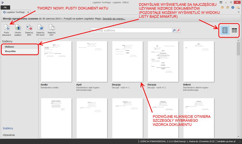 Metoda zalecana tworzenie aktów z wykorzystaniem wbudowanych wzorców W Legislator Magic dostępne są wzorce dla wszystkich rodzajów aktów i innych dokumentów, jakie są następnie przekazywane do