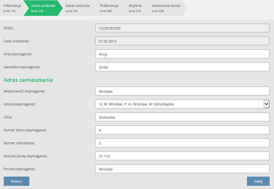 Rejestracja kandydata przez rodzica/ opiekuna prawnego Krok 3: Dane rodziców (opiekunów prawnych) W kolejnych oknach należy uzupełnić dane matki i ojca lub dane opiekunów prawnych.