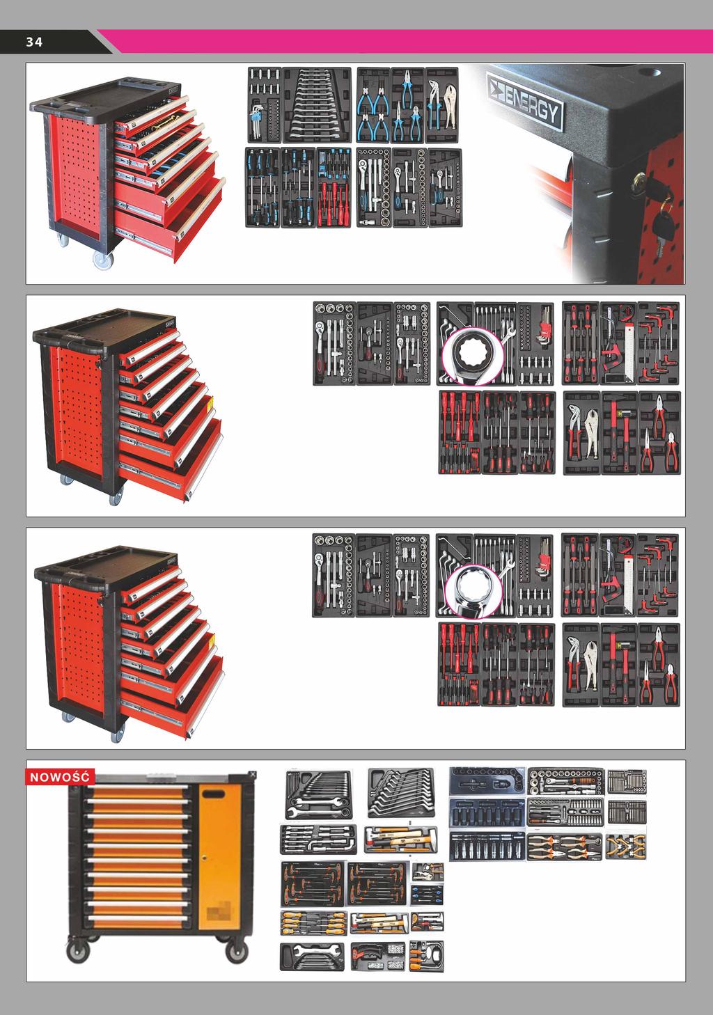 PRZECHOWYWANIE NARZĘDZI / AKCESORIA NE00500R RED Profesjonalny wózek narzędziowy na kółkach 155 elementów. Szafka 6 szuflad komplet (oczka - grzechotki).