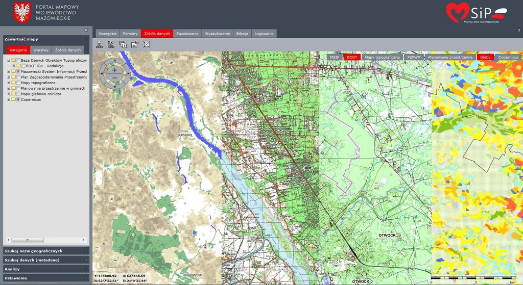 Dodatkowo w MSIP publikowane są usługi danych przestrzennych, udostępniające: 1) Dane georeferencyjne: Baza Danych Obiektów Topograficznych (BDOT10k) Mapy topograficzne Mapa glebowo-rolnicza wraz z