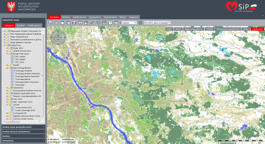Dane z projektu Copernicus dla obszaru województwa mazowieckiego Są to głównie dane dotyczące pokrycia i ukształtowania terenu oraz produkty pochodne.