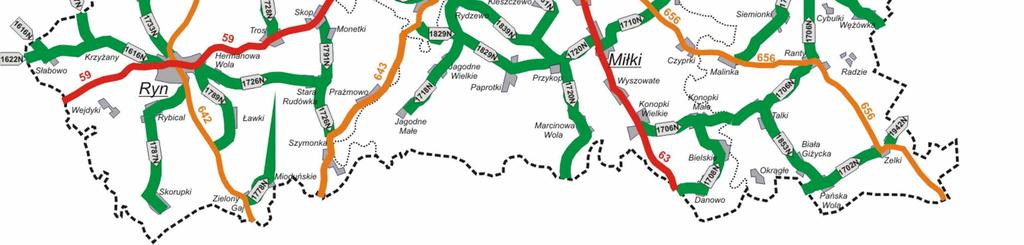 Przez powiat przechodzą następujące drogi: Droga krajowa nr 63- Perły-Sławatycze o długości 410 km Droga krajowa nr 59- Giżycko-Rozogi o długości ok.