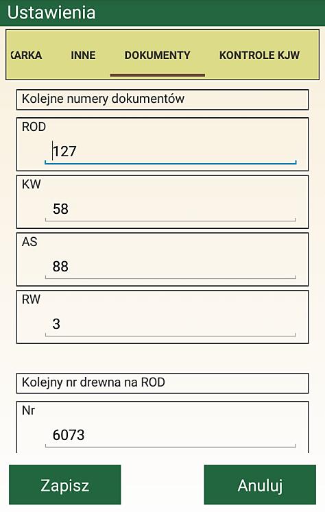 5. Dokumenty Umożliwia nadanie kolejnych numerów dokumentów oraz numerów drewna na ROD.