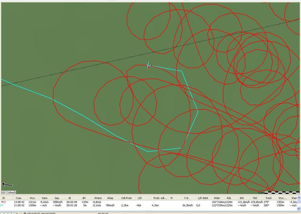 Rys. 9. Wzajemnie przecinające się trajektorie lotu szybowców Arcus M (czerwona) i Jantar 2B (niebieska). Sylwetka szybowca wskazuje miejsce kolizji.