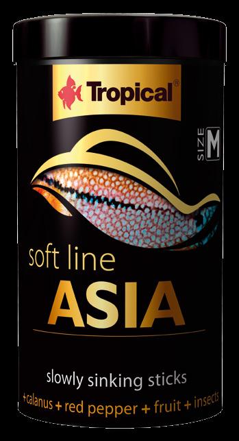 ASIA + kalanus + czerwona papryka + owoce + owady miękki, wolno tonący pokarm dla wszystkożernych i mięsożernych ryb z Azji w jego skład wchodzą śledzie i owady,