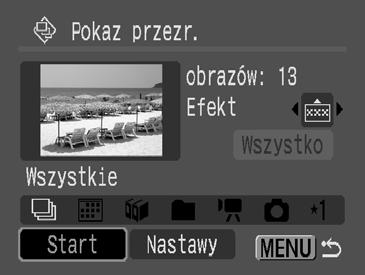 130 3 Rozpocznij wyświetlanie pokazu przezroczy. 1. Naciśnij przycisk. 2. Za pomocą przycisków i wybierz menu [Start]. 3. Naciśnij przycisk. Podczas wyświetlania pokazu przezroczy dostępne są poniższe funkcje.