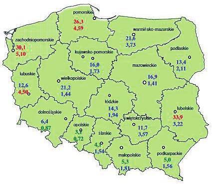Uprawa roślin strączkowych w Polsce jest zróżnicowana regionalnie. Największą powierzchnię zasiewów zajmują one w regionie północnym, a najmniejszą w regionie południowym. Mapa 1.