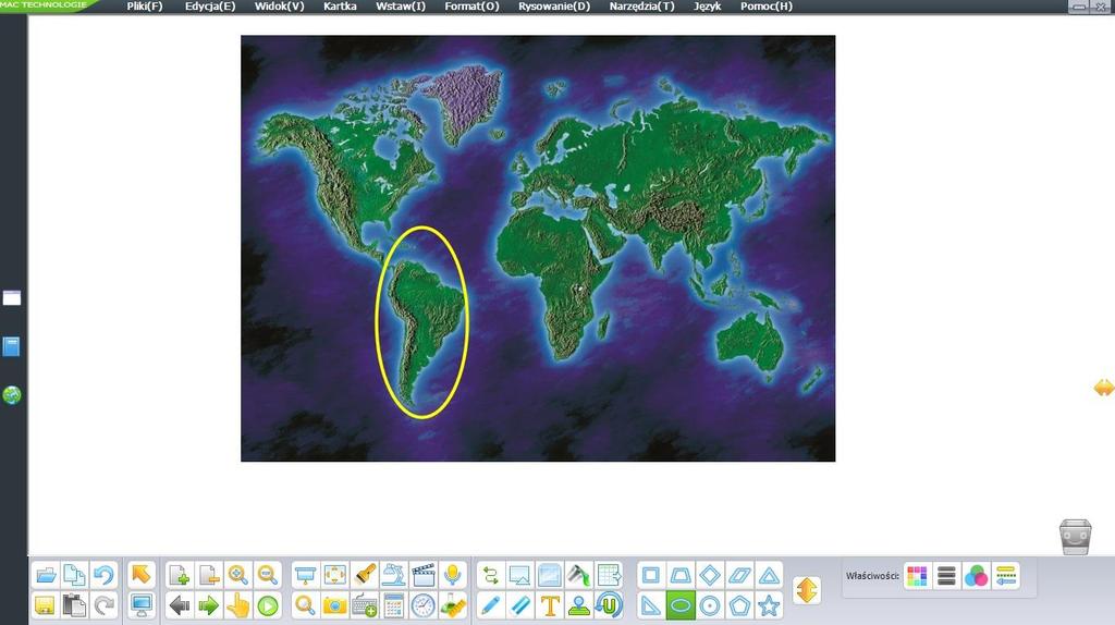 Krok 2 Korzystając z zasobów oprogramowania MAC Tablicy wstaw mapę świata: wybierz folder Geografia Ziemia, mapy i przeciągnij wybraną mapę świata na kartę pracy, (pamiętaj, że mapę lub dowolny obraz