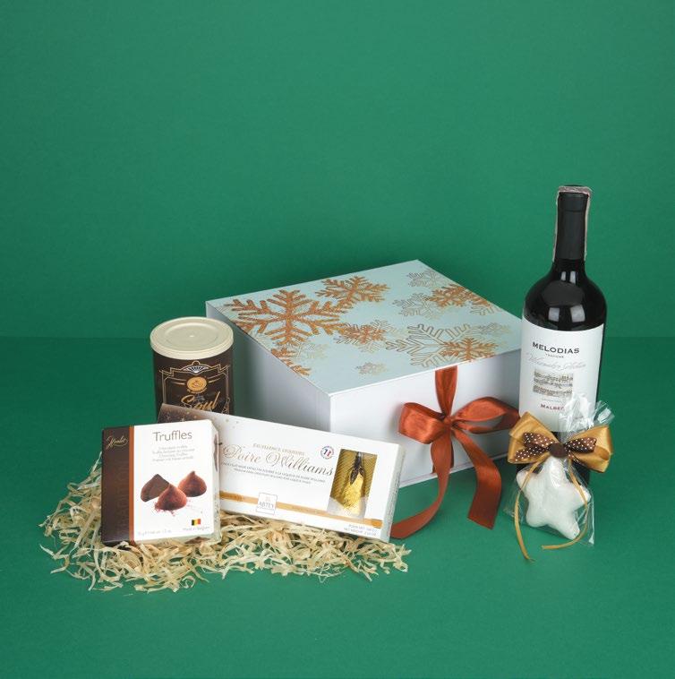 katalog świąteczny Zestaw N o 15 MELODIAS WINEMAKER SELECTION MALBEC mendoza, argentyna pudełko z wypełnieniem i świąteczną dekoracją puszka herbaty Soul 50g,