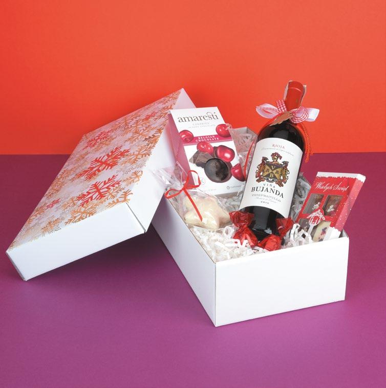 wina bankietowe Zestaw N o 6 VINA BUJANDA TINTO DOCa RIOJA, HISZPANIA pudełko ozdobne z wypełnieniem i świąteczną dekoracją wiśnie w belgijskiej czekoladzie 80g,