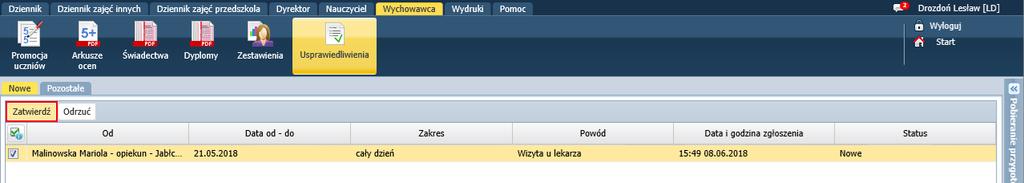 Zwróć uwagę, że ikona powiadomień na wstążce sygnalizuje, że masz nowe powiadomienia. 3. Wskaż ikonę kursorem myszy i na wyświetlonej liście kliknij pozycję dotyczą usprawiedliwień.