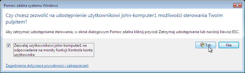 Krok 9 Z Computera2, kliknij Zezwalaj Jan_Komputer1, aby odpowiedzieć na monit kontroli konta użytkownika.