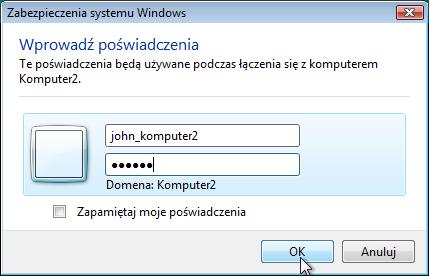 Uwaga: Konto użytkownika musi mieć hasło. Kliknij OK.