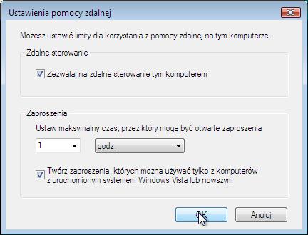 Upewnij się, że zaznaczona jest opcja Zezwalaj komputerowi na zdalne sterowanie, ustaw zaproszenia na 1 godzinę, umieścić znacznik wyboru w tworzenie zaproszeń,