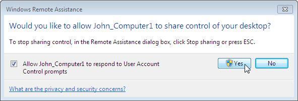 Krok 9 Z Computera2, kliknij Zezwalaj Jan_Komputer1, aby odpowiedzieć na monit kontroli konta użytkownika.