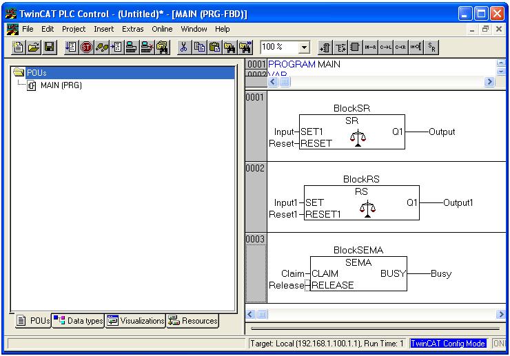sterownika. Należy wykorzystać dwa wejścia modułu KL1408 oraz jedno wyjście modułu KL2408. Opis: Q1 = NOT RESET1 AND (SET OR Q1) Semafor SEMA Zadanie 3.