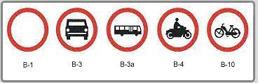 Objaśnienia znaków: B-1 zakaz ruchu w obu kierunkach B-3 zakaz wjazdu pojazdów silnikowych z wyjątkiem motocykli jednośladowych B-3a zakaz wjazdu autobusów B-4 zakaz wjazdu motocykli B-10 zakaz