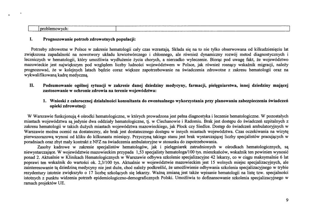 problemowych: I. Prognozowanie potrzeb zdrowotnych populacji: Potrzeby zdrowotne w Polsce w zakresie hematologii caly czas wzrastaj^.