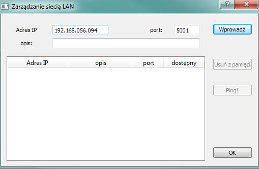 1) Aby wprowadzić nową sieć należy wpisać adres IP, numer portu oraz nazwę analizatora.