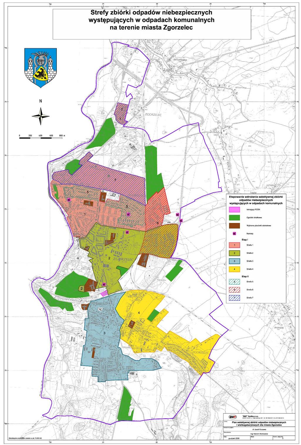 Rys. 6-4 Strefy zbiórki odpadów niebezpiecznych oraz etapowanie wdrażania systemu na terenie miasta Zgorzelec mapa w skali 1:10 000 źródło: