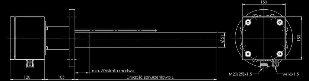 50mm w poziomie Cechy - grzałka montowana na śruby do kołnierza - wymienny wkład grzejny bez konieczności opróżniania płynu ze zbiornika - modułowa obudowa - trwała