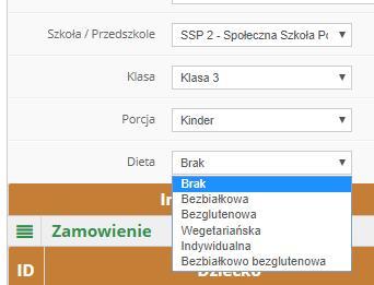 8) Placówki szkolne wybierz porcję i dietę Gdy dziecko uczęszcza do szkoły wybierz jedną z dostępnych wielkości posiłków z rubryki PORCJA.