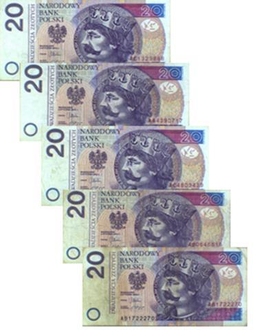 obiegu, banknot 3 graniczny nadający się do obiegu oraz banknoty 4 i 5 nienadające się do obiegu.