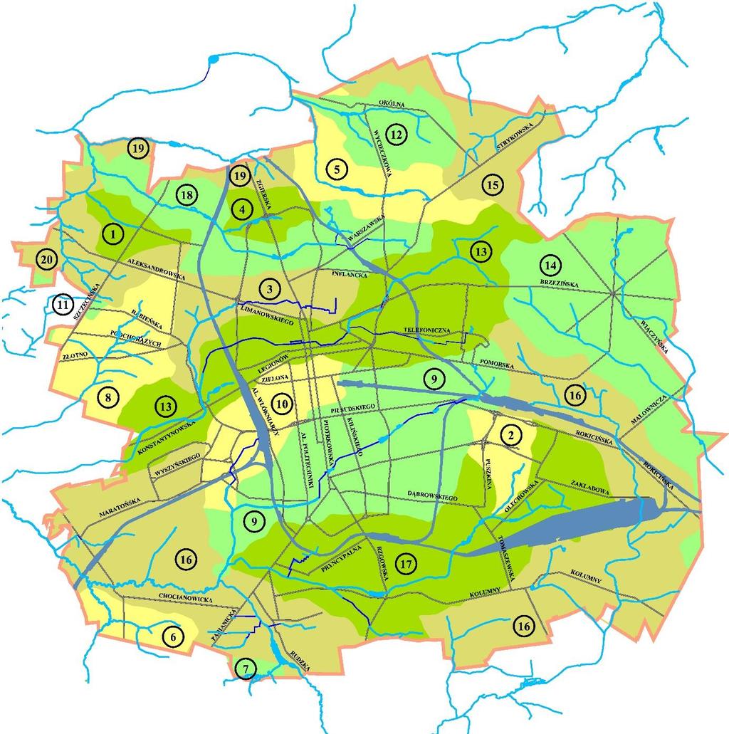 Układ hydrograficzny miasta Łodzi 1-Aniołówka, 2-Augustówka, 3-Bałutka, 4-Brzoza, 5-Bzura, 6-Dobrzynka, 7-Gadka, 8-Jasieniec, 9-Jasień,